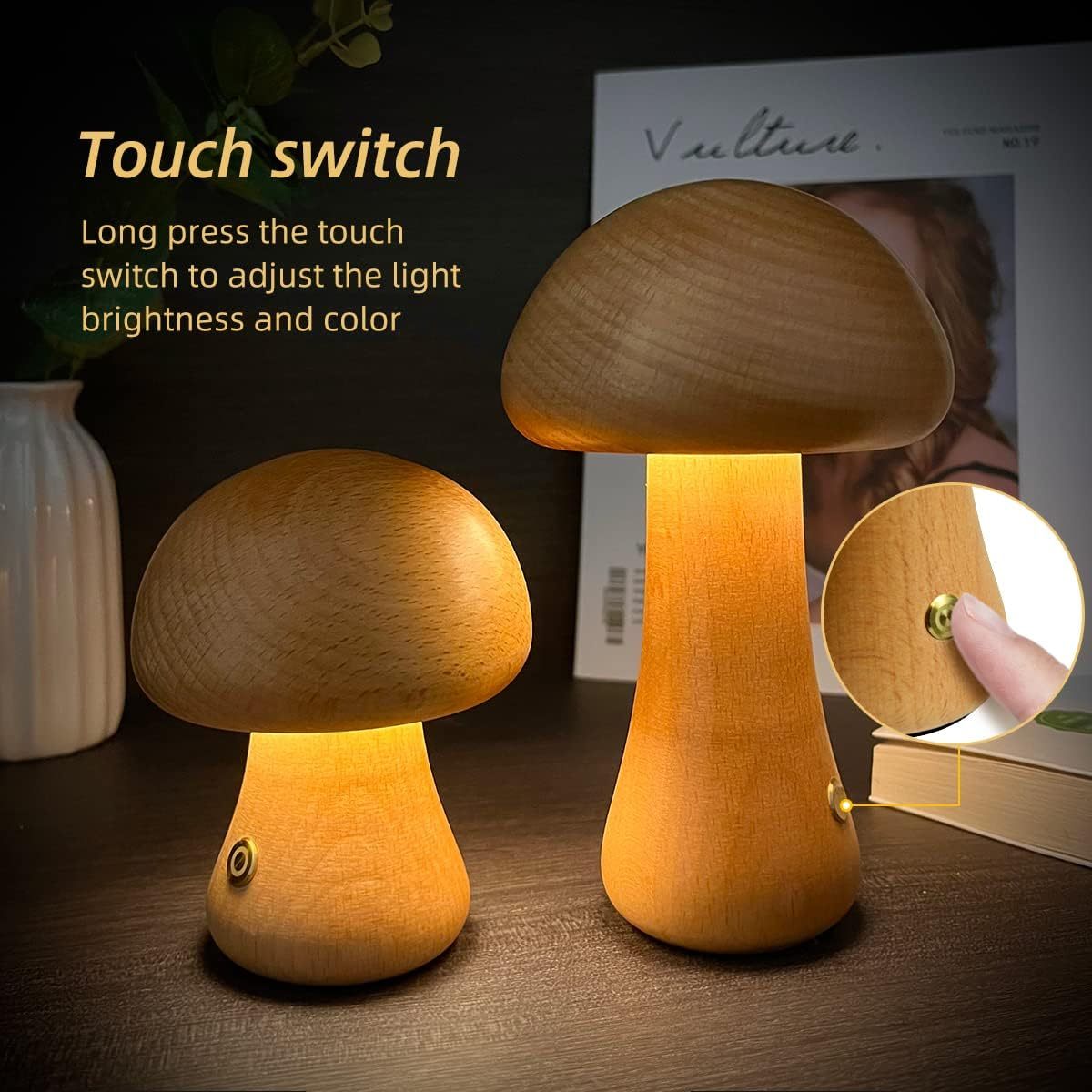 Wooden Mushroom LED Light - Touch Switch - Home Fun Home
